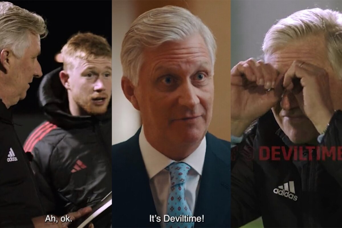 Entre consignes à Kevin De Bruyne, tatouage de la Coupe du monde sur l’avant-bras et imitation de la célébration de Leandro Trossard, le roi a joué le jeu à fond.