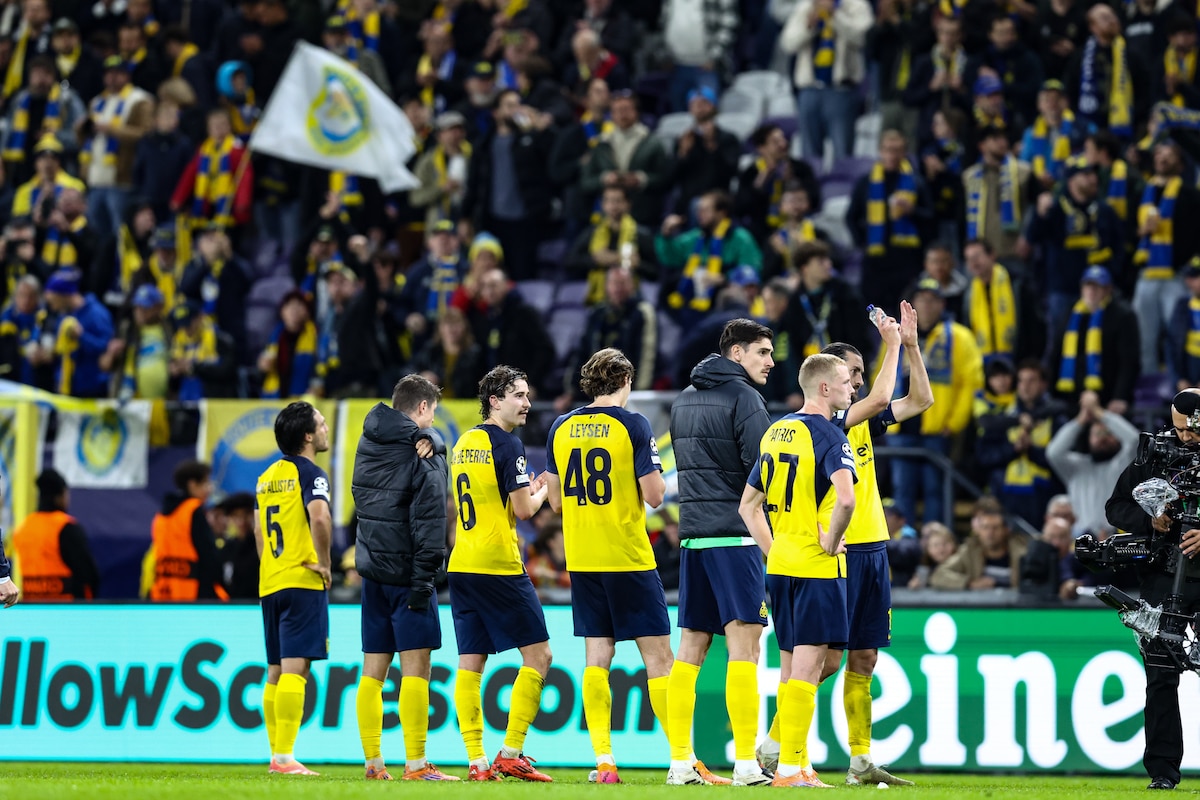Union's players look dejected after a soccer game between Belgian Royale Union Saint-Gilloise and Italian Internazionale Milano, Tuesday 21 October 2025 in Brussels, on the third day of the League phase of the UEFA Champions League tournament. BELGA PHOTO BRUNO FAHY